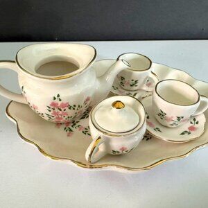 Vtg Miniature 8 Piece Porcelain Tea Set -White with Pink Floral Design VG Cond.